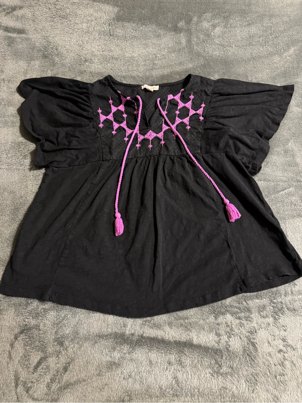 Knox Rose Shirt Women Medium Black Boho Cottagecore Short Sleeve Embroidered